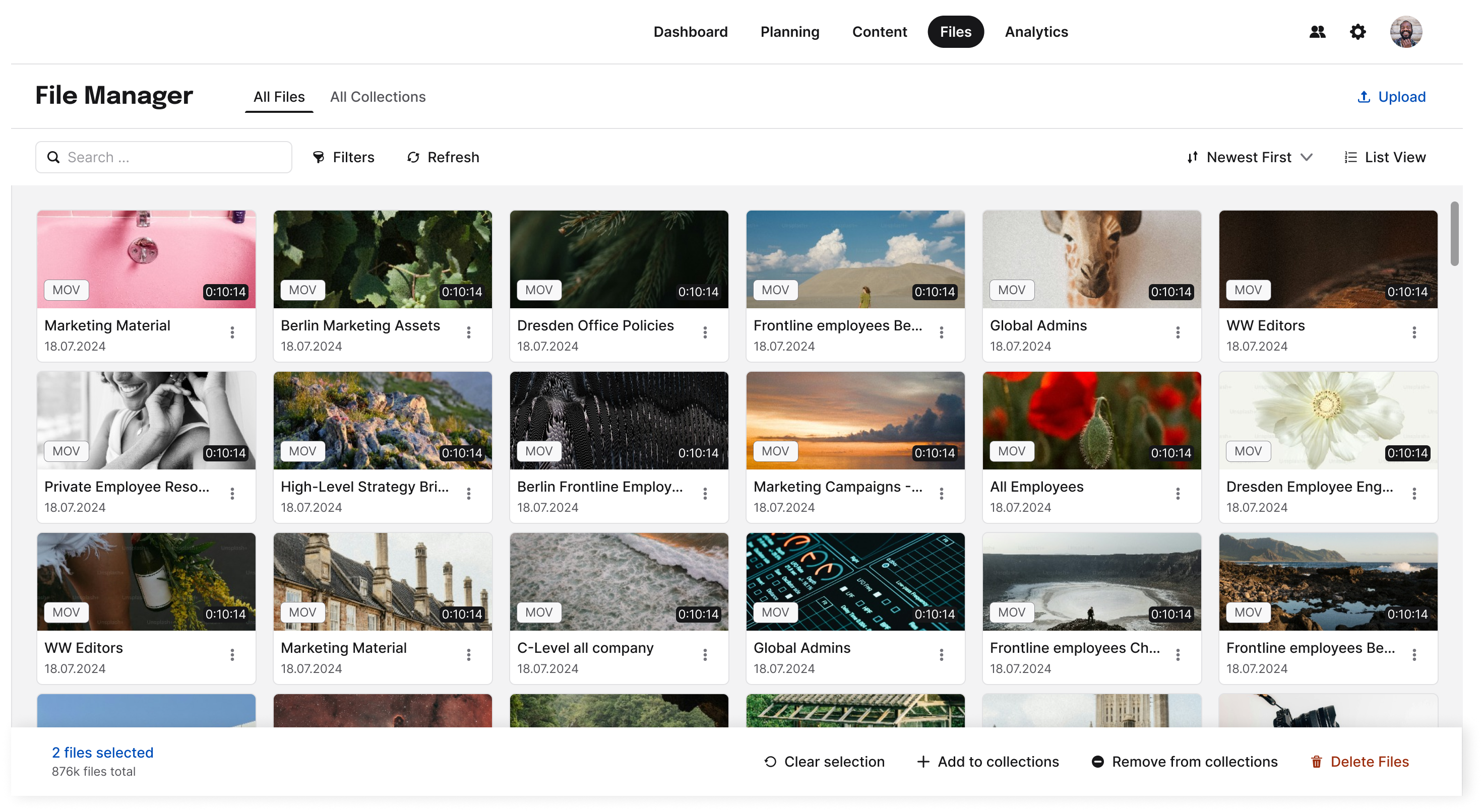 File Manager admin interface showing the All Files grid: a global library of video and image files with search, filters and selection.